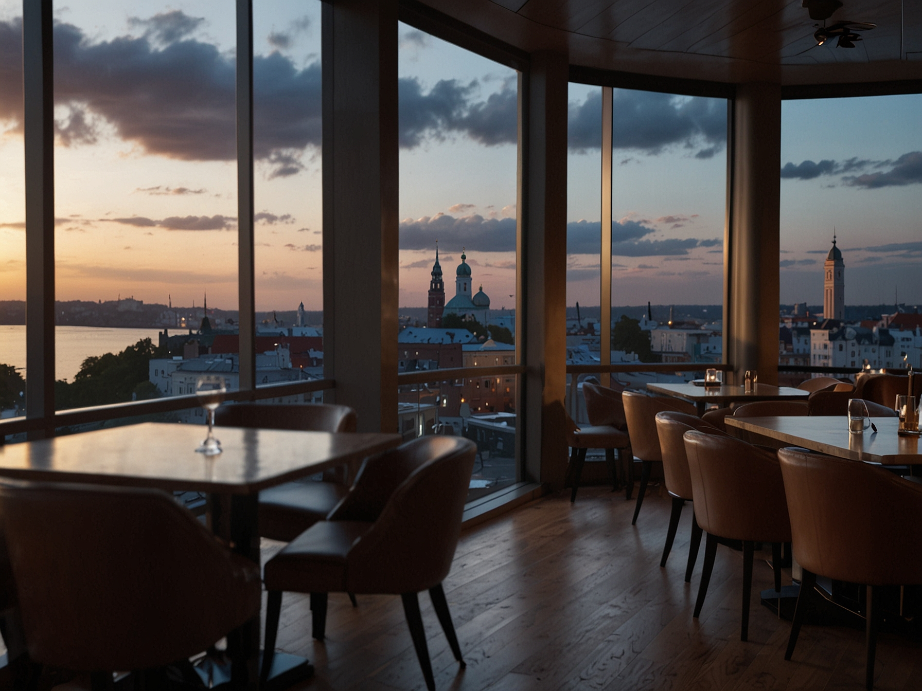 Panoramic dining area overlooking Helsinki skyline